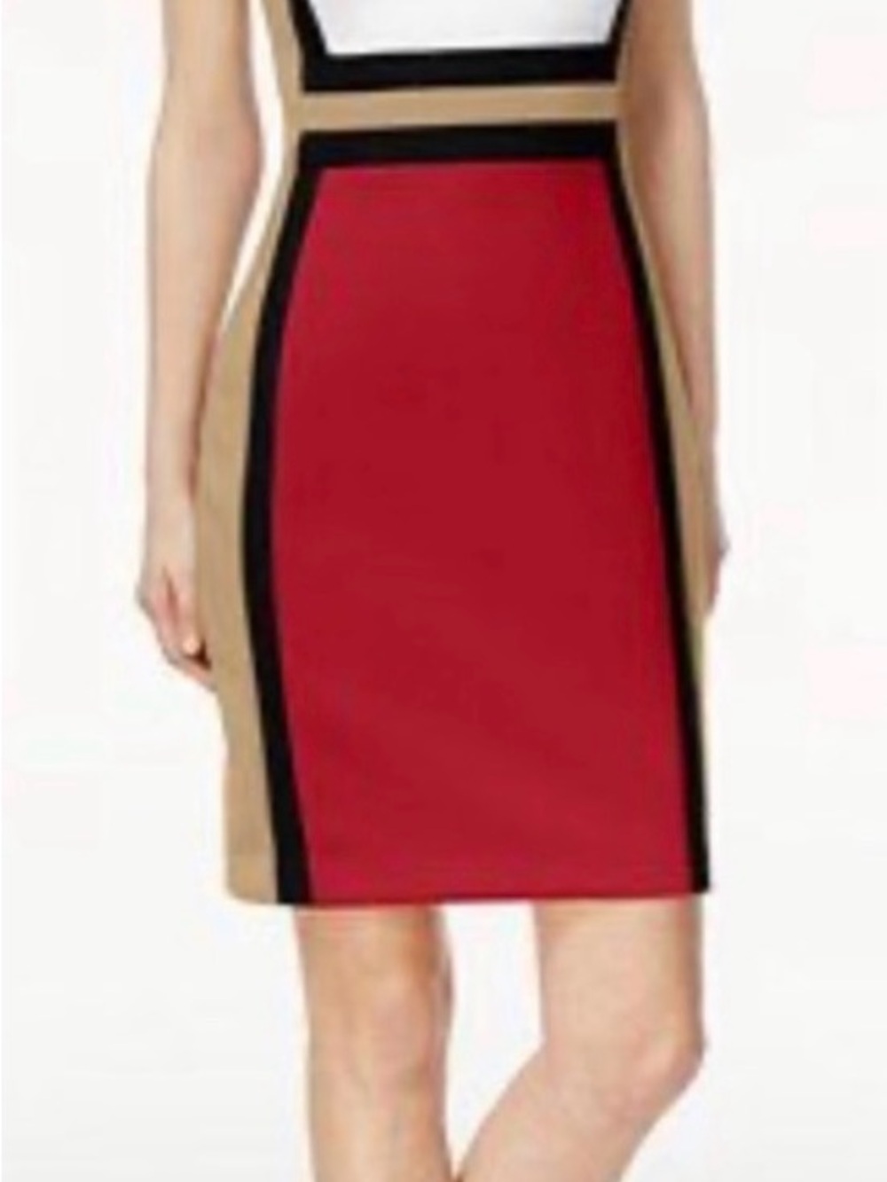 Calvin Klein Red Colorblock Pencil Skirt with Tan & Black Trim